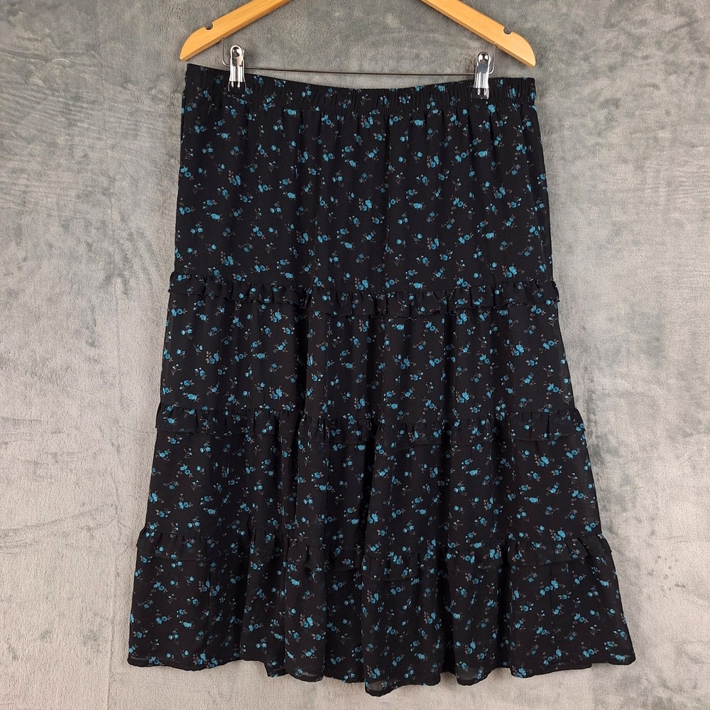 Womens Skirt Medium Whimsigoth Dark Romantic Floral Tiered Midi Fairy Pull On
